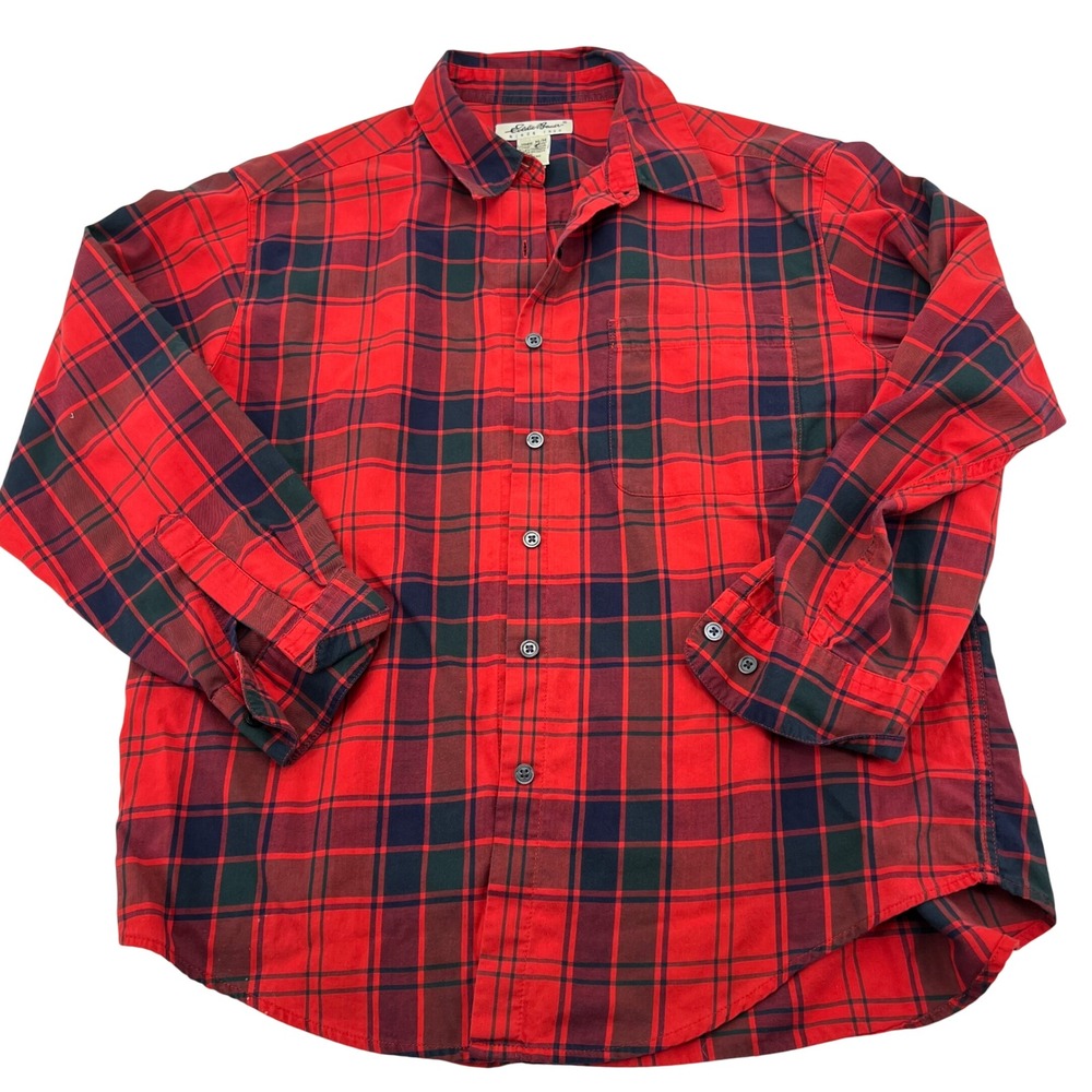 Eddie Bauer Womens Petite Medium Red Plaid‎ Cotton Button Up Flannel Shirt PM